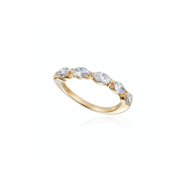 Gold band with 5 diamonds  on a white background.