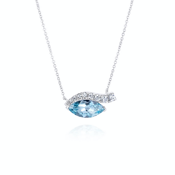 Look of love colored gemstone pave Necklace with a aqua marine and pave diamonds.