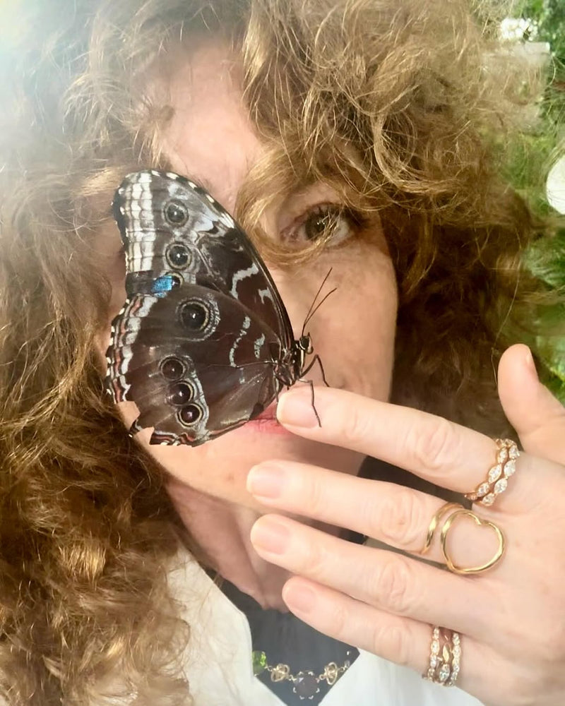 Person with a butterfly on their finger, wearing multiple rings.
