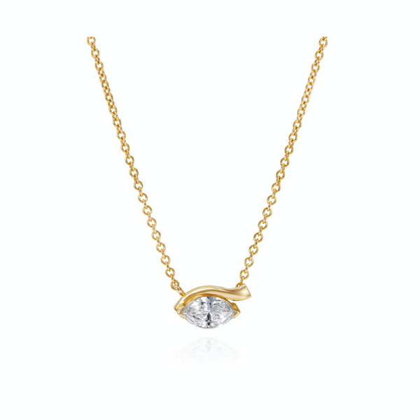 Yellow Gold look of love necklace with diamond on white background